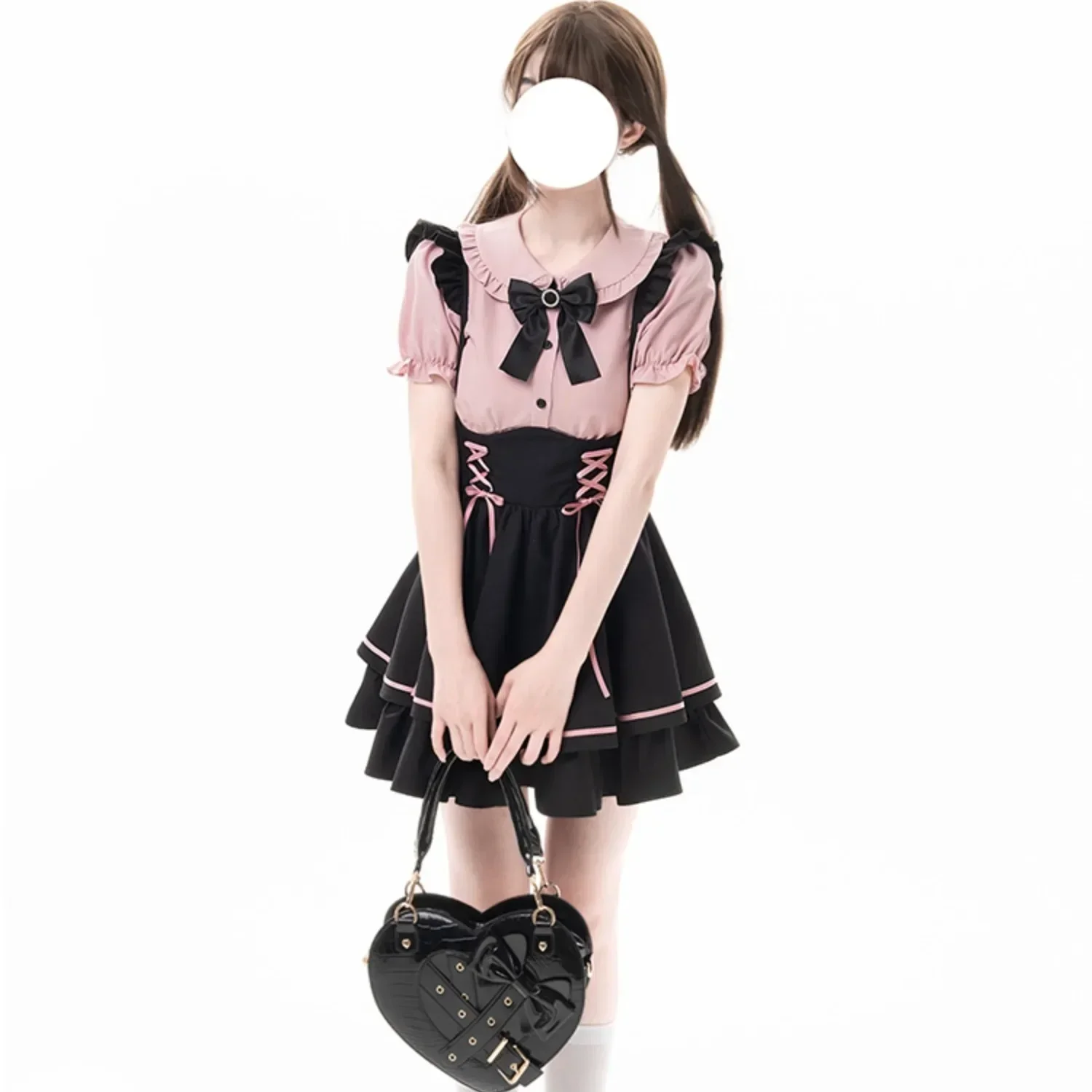 Kawii Peter Pan Collar Paired with Black Strap Skirt Women Sweet Pink Long Sleeves Shirt  Set Harajuku Schoolgirl Suit