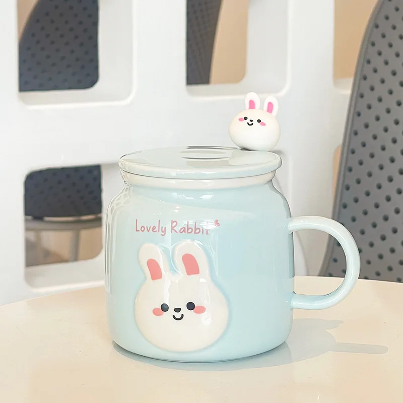 Cute Bunny Ceramic Cup with Lid and Spoon Big Capacity Creative Coffee Mug Office Milk Mug Ceramic Crafts Kitchen Drinkware