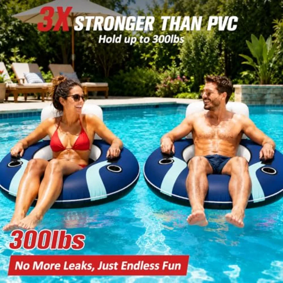 River Tube 53'' for lake and pool floating PVC inflatable inner tube with premium canvas cover navy blue comfortable backrest a