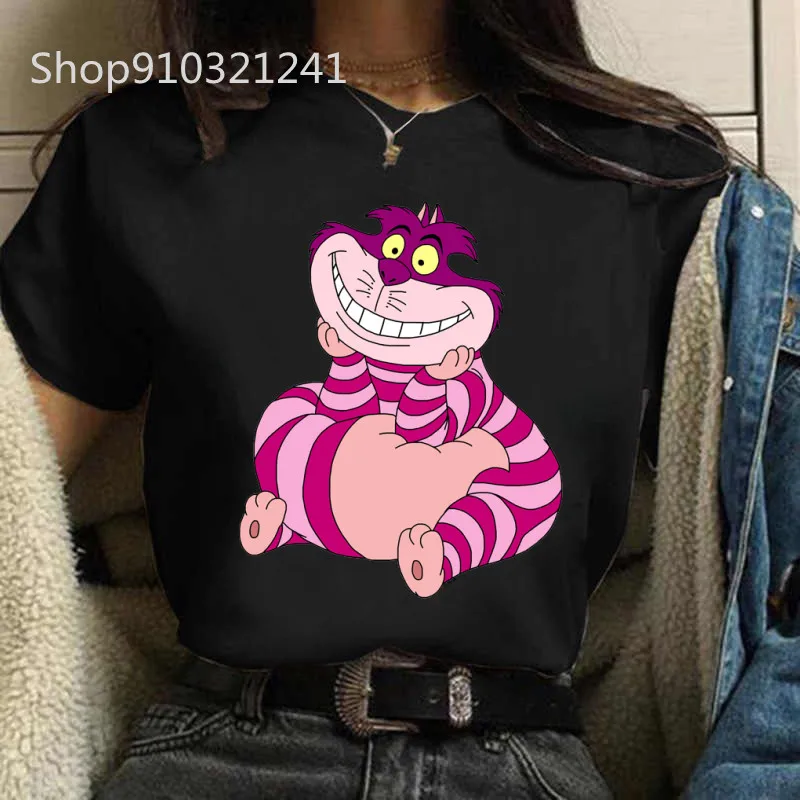 The Cheshire Cat Tshirt Women Printed Alice In Wonderland T Shirt Female Leisure Short Sleeve Trendy Cartoon Tshirt Clothes