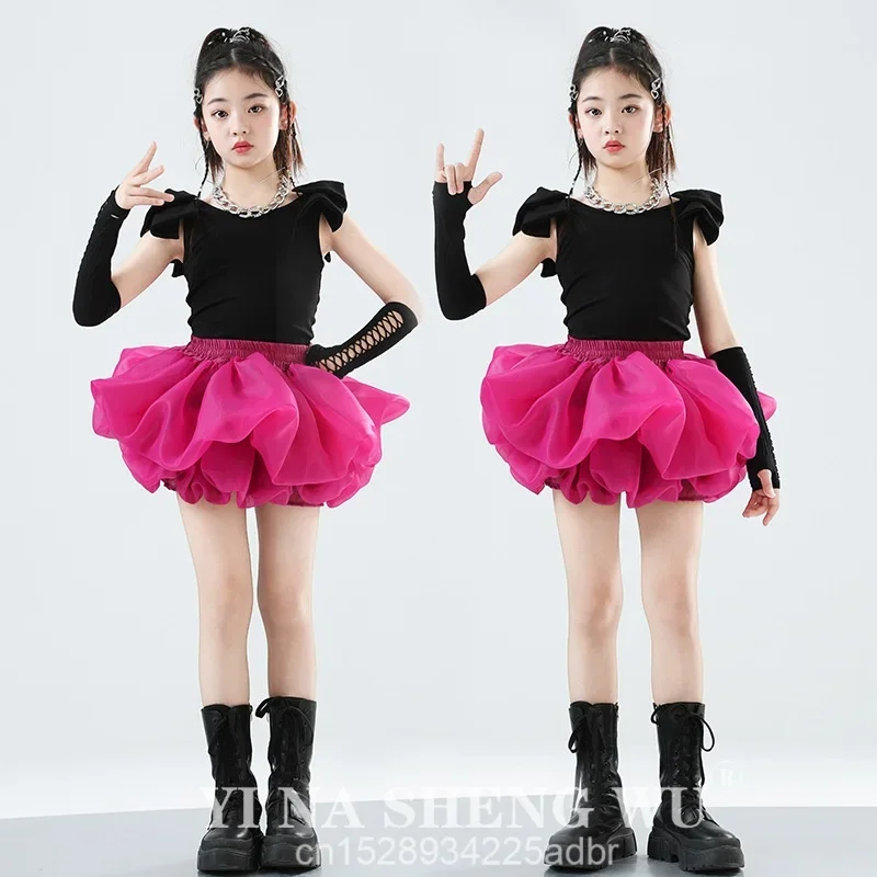 Jazzdanskostuum Zwarte Tops Roze Korte Rok Set Kinderhip Hop Street Dance T-Stage Model Show Mode Kleding Meisjes