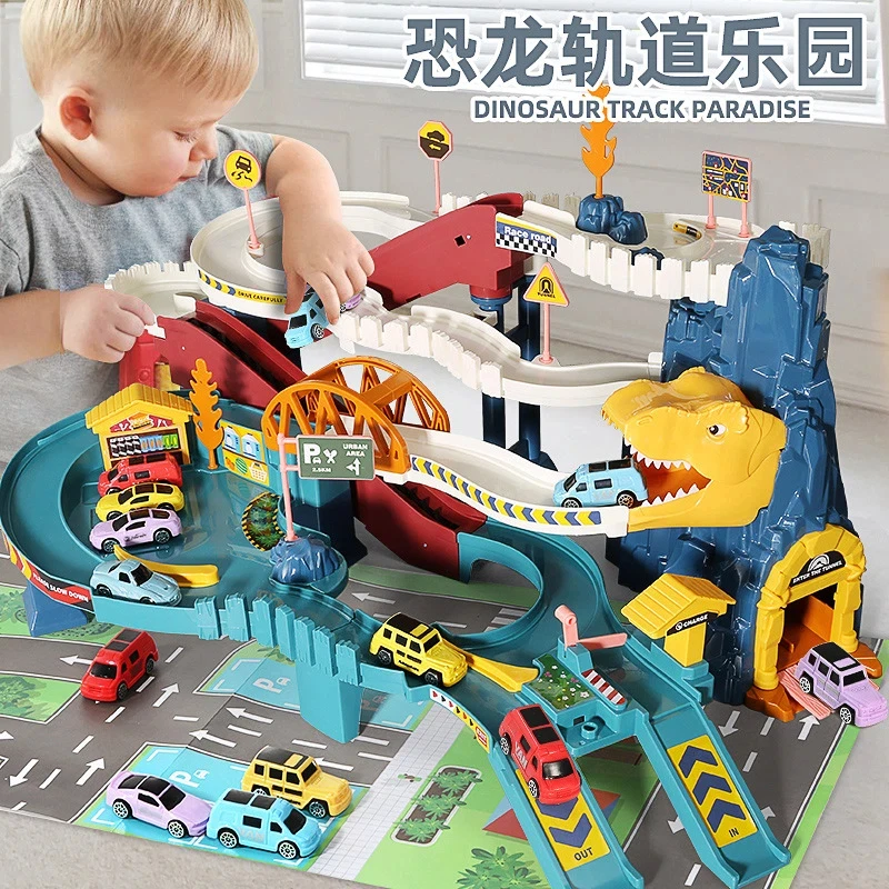 Dinosaur Adventure Parking Lot Toy - Panshan Highway Rail Car Park Interactive Kids Boys Play Set Educational Vehicle Game