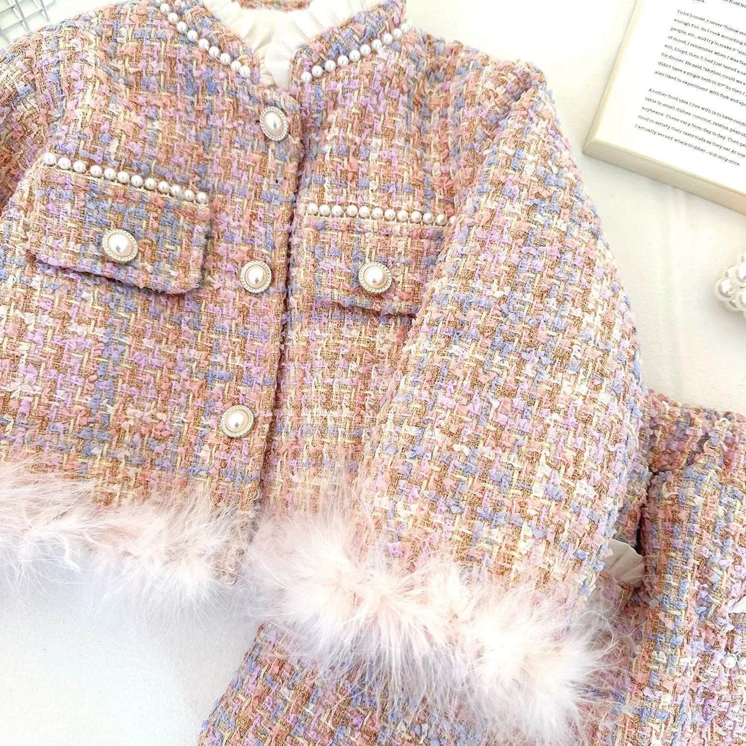 ‌2025 Winter Girls' Suit with Fur Trim Thickened Jacket & Skirt 2-Piece Outfit Korean Fashion Warm Toddler 2-8 Years Party Sets