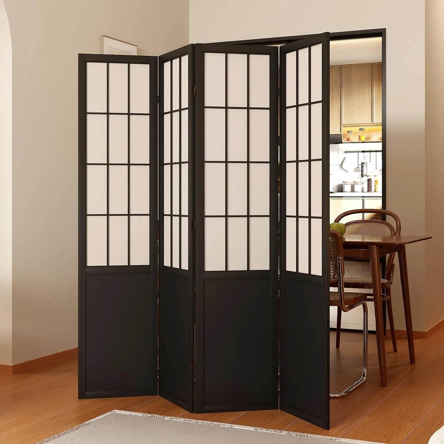 Room Divider, 66.9Inch Tall Japanese Shoji Style Folding Wood Screen with Double Hinges for Home Office Bedroom Hotel Decoration