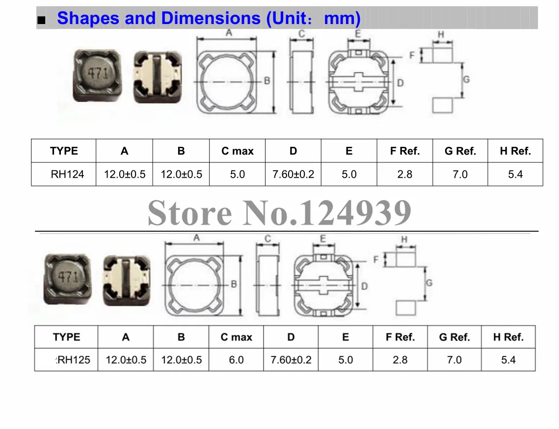 RH124 RH125 12X12X4 12X12X5 Shielding Inductor 1UH 1R0 1R5 2R2 3R3 4R7 6R8  100 150 220 330 470 102 152 222 681 471 331 221