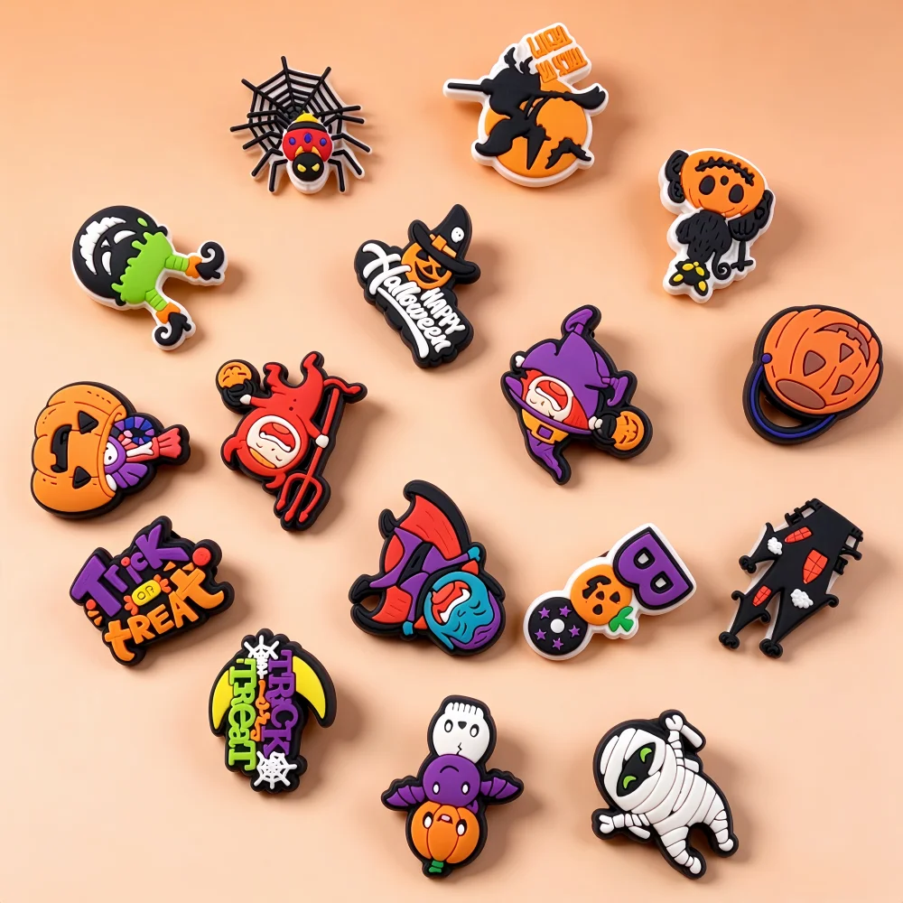 16Pcs Halloween Shoe Charms, Cute Pumpkin Ghost Shoe Accessories for Bracelet Wristband Sandals Birthday Party Favors Gifts