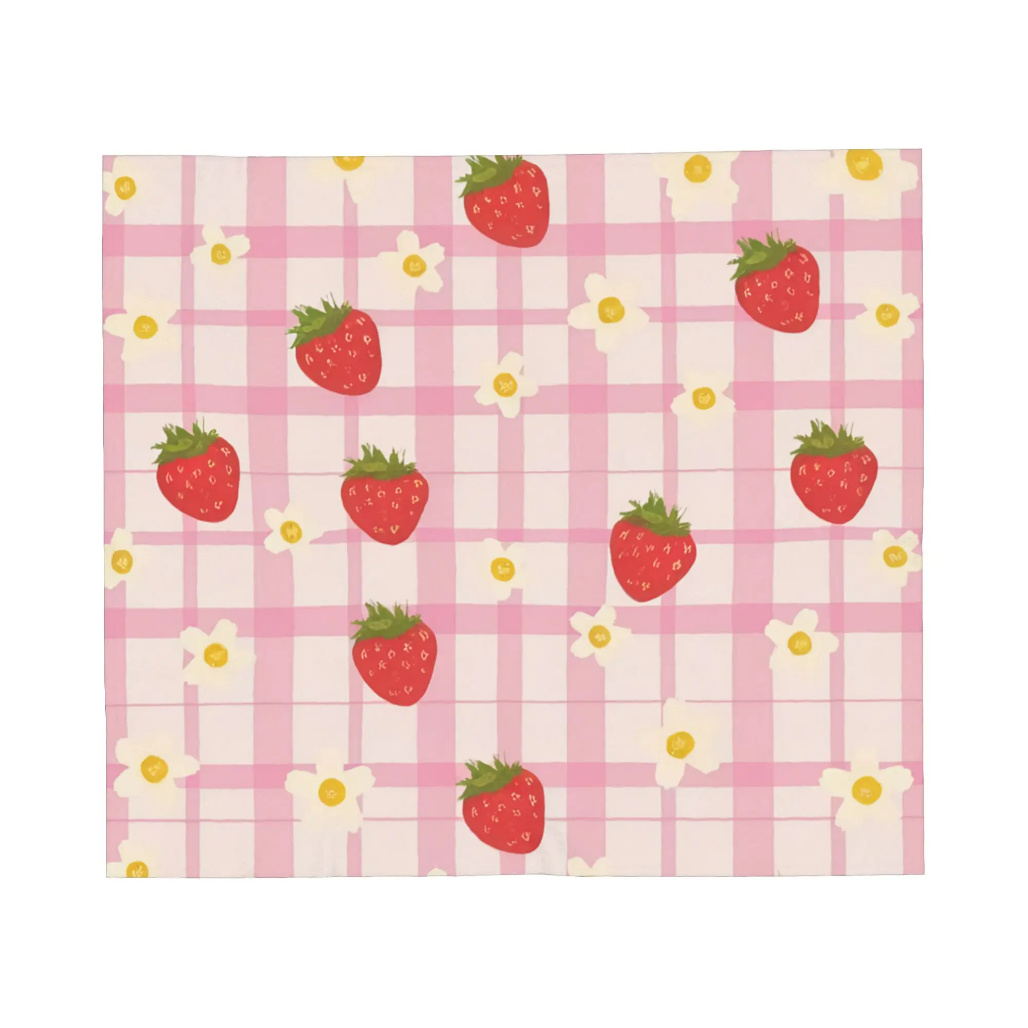 Strawberry Gingham Daisy Cottagecore Strawberry Fields Floral Pink Plaid Coral Fleece Plush Throw Blankets  Blanket for Bed