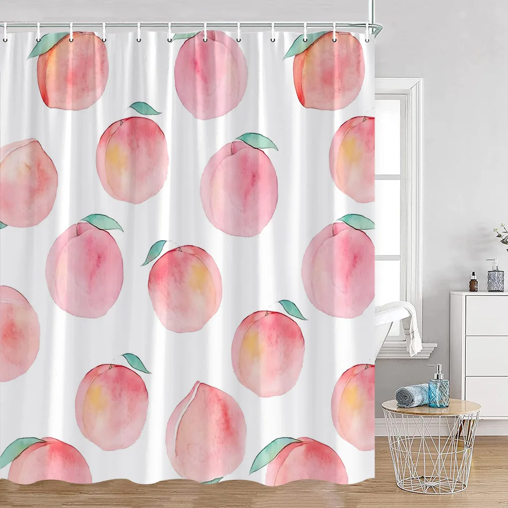 Strawberry Shower Curtains Tropical Fruit White Floral Pink Bath Curtain Children Home Bathroom Decor Polyester Cloth With Hooks