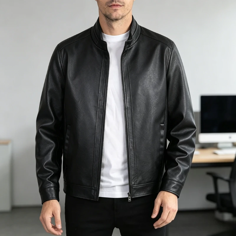 Business Leather Jacket Men Stand Collar Slim Pu Leather Workwear Jackets Fashion Motorcycle Coat Men's Moto Biker Leather Coats