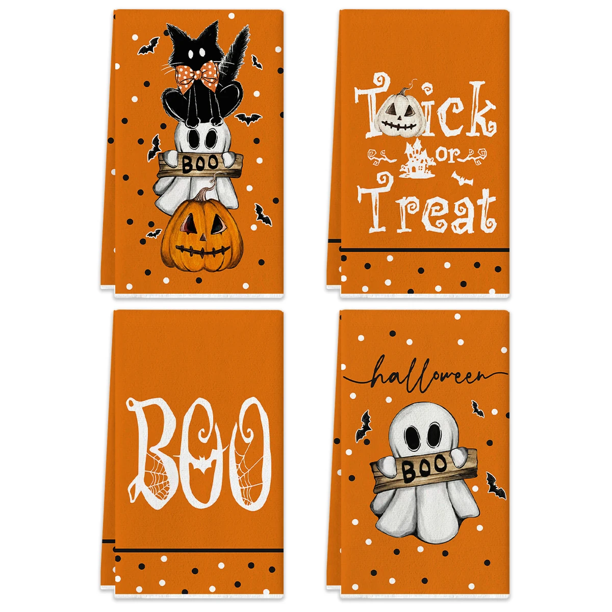 2/4Pcs Halloween Kitchen Towels, Ghost Black Cat Pumpkin Bat Print Absorbent Tea Towels Multi‑Purpose Cleaning Dish Cloths