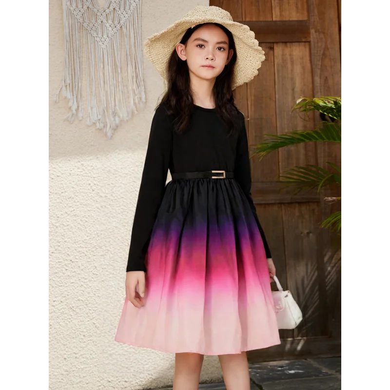 

Girls' Spring and Autumn Dress2025Children's Clothing New Autumn Color Gradient Internet Celebrity Hot-Selling Long-Sleeve Dress