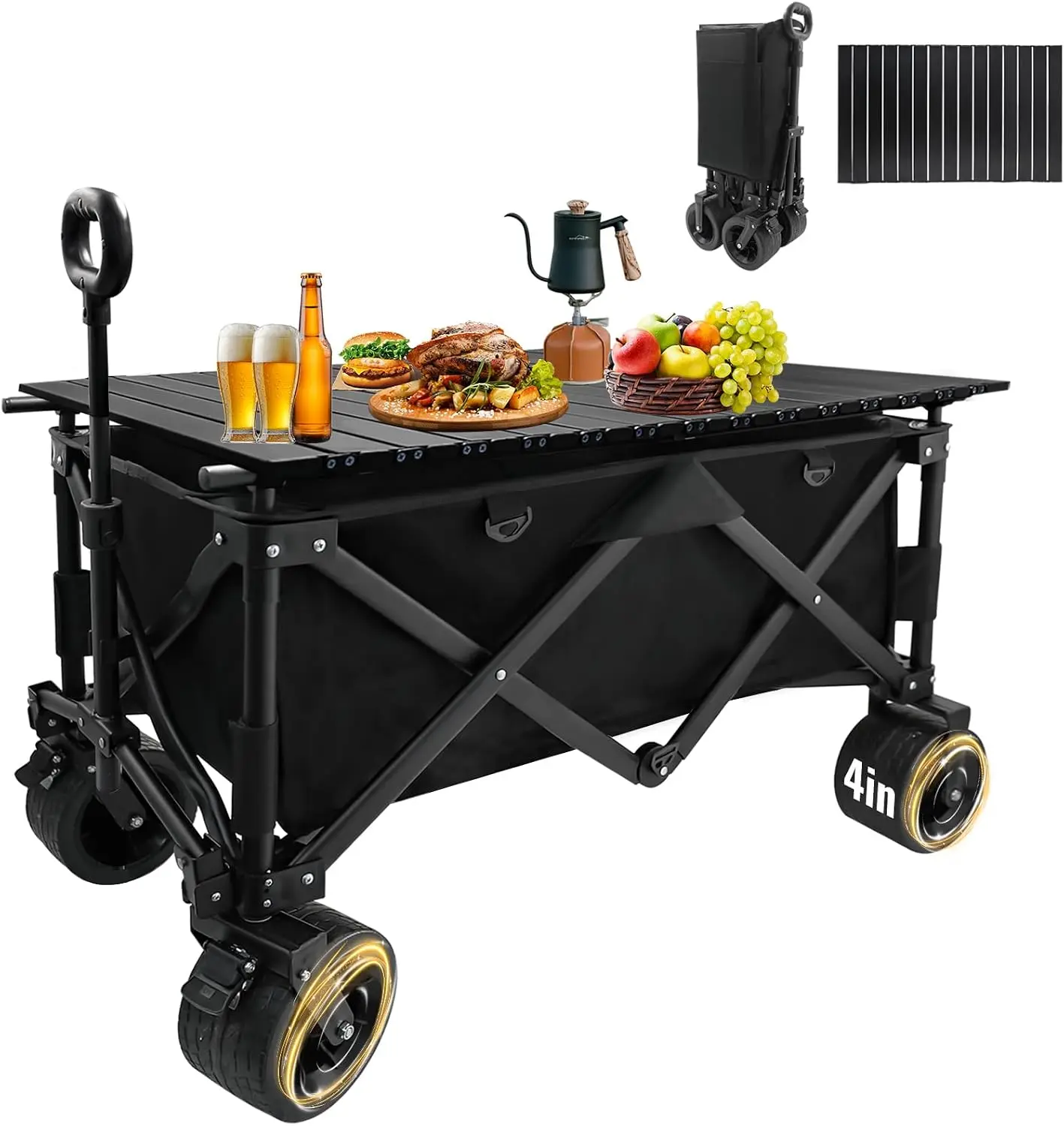 Collapsible Foldable Wagon Cart with Big Wheels and Tabletop, Large Capacity 440Lbs Folding Utility Wagon Carts for Sand
