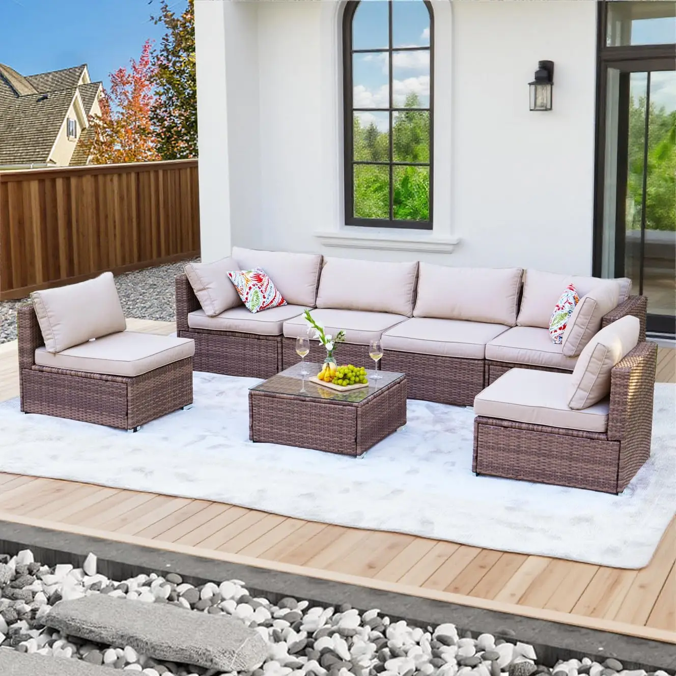 

7 Pieces Patio Furniture Set - All-Weather Outdoor Wicker Sectional Conversation Sofa, Rattan Patio Seating Sofa Set,Brown/Beige