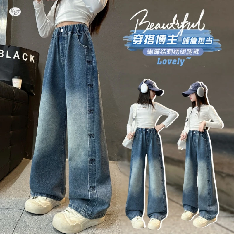 

Girls Side Embroidered Straight-Leg Jeans Vintage Bow Flare Pants Kids Loose Trousers for Play and Parties Aged 7-14