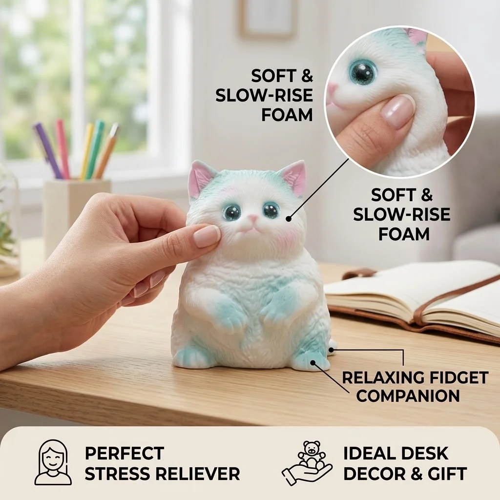 Cute Cat Squeeze Toy, Pastel Blue Kitty Squishy, Kawaii Sensory Fidget, Stress Relief Squish, Soft Desk Companion