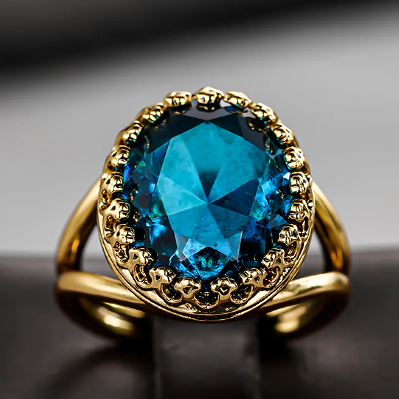 Huitan Vintage Luxury Gold Color Rings With Big Blue Oval Cubic Zirconia For Women Wedding Party Engagement Noble Accessories