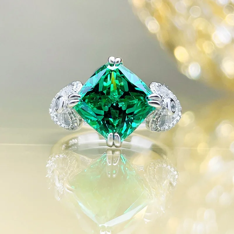 

Green tourmaline ring imported high carbon diamond 925 pure silver ring for women, fashionable, personalized and high-end