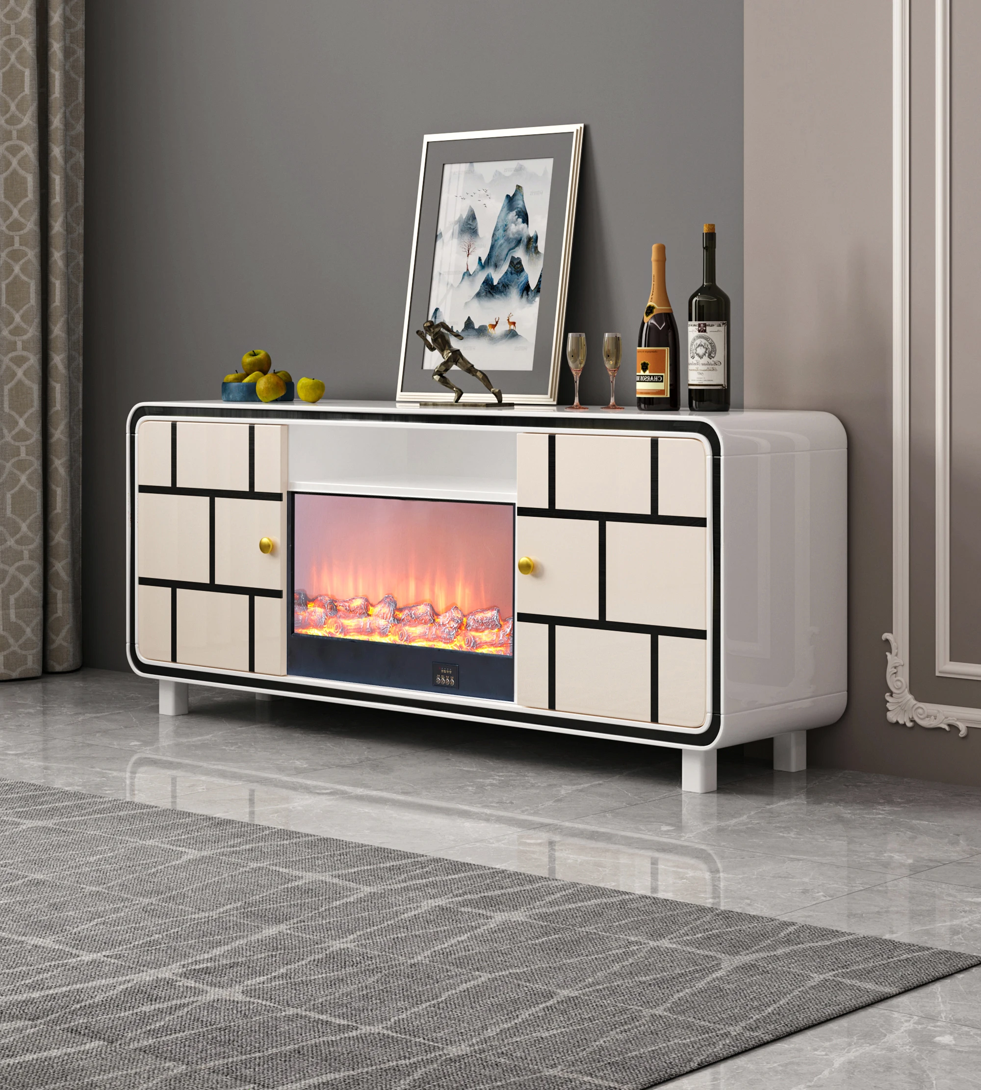 Ekintop Decor Flame Electric Fireplace Mirrored Wooden Tv Cabinet Stand For Home