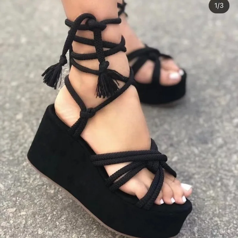 Womens Wedge Sandals Cross Tie Straps Platform Shoes Open Toe Height Increase Round Head Beach Shoe Fashion Hot Sale Women Shoes