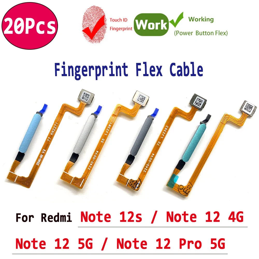 20Pcs，NEW Tested Fingerprint Sensor Home Return Key Menu Button Flex Ribbon Cable For Xiaomi Redmi Note 12S / 12 4G Pro 5G