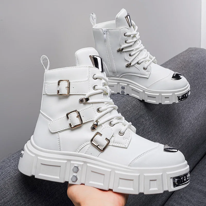 Men's Motorcycle Boots, Street Style Buckle High-Top Men's High-Top Boots, Thick-Soled, All-Season, Retro Motorcycle Casual Boots - view 3