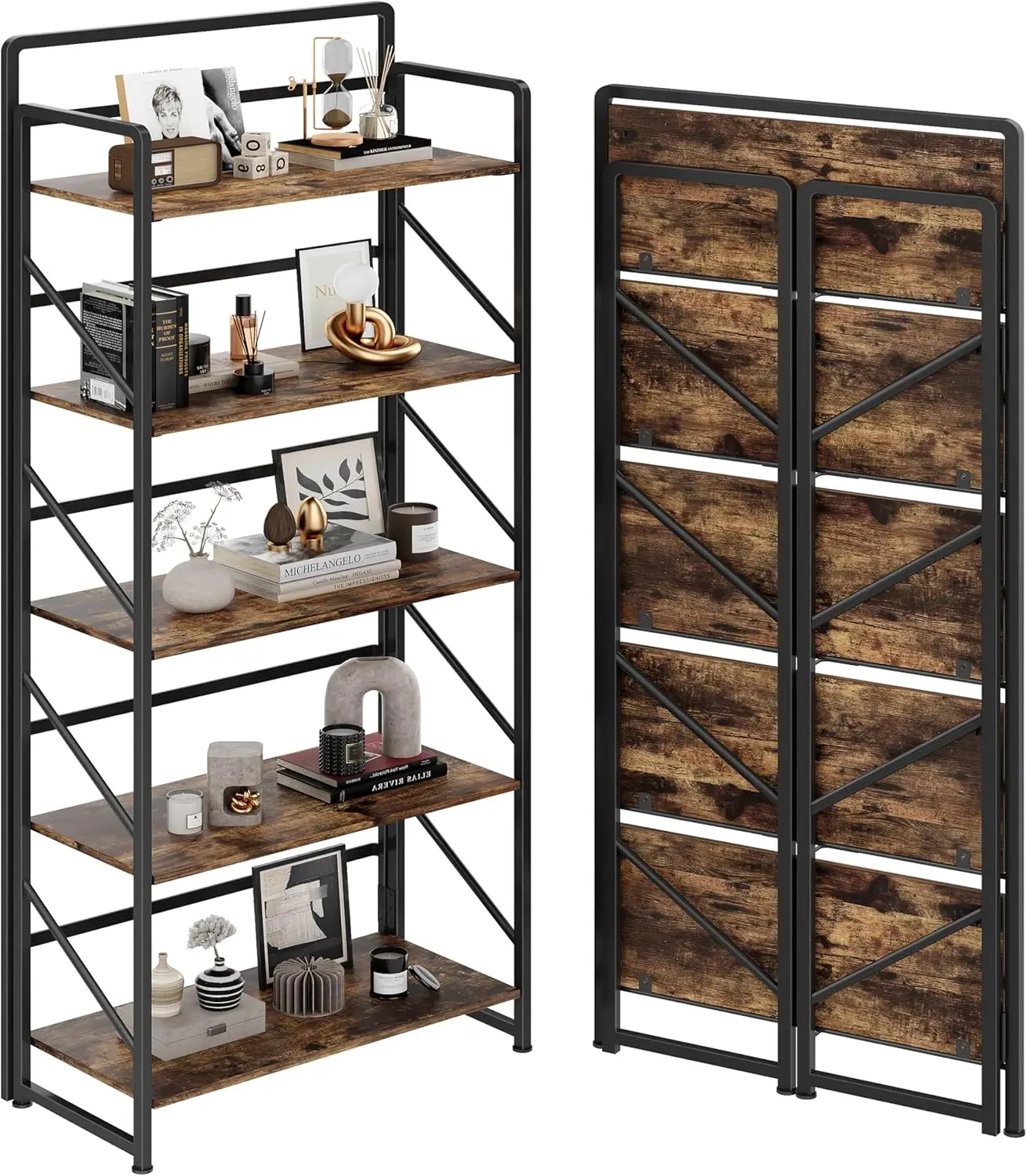 

Folding Bookshelf,Industrial Storage Shelves, No Assembly Vintage Wood Look Bookshelf with Storage Shelves for Living Ro