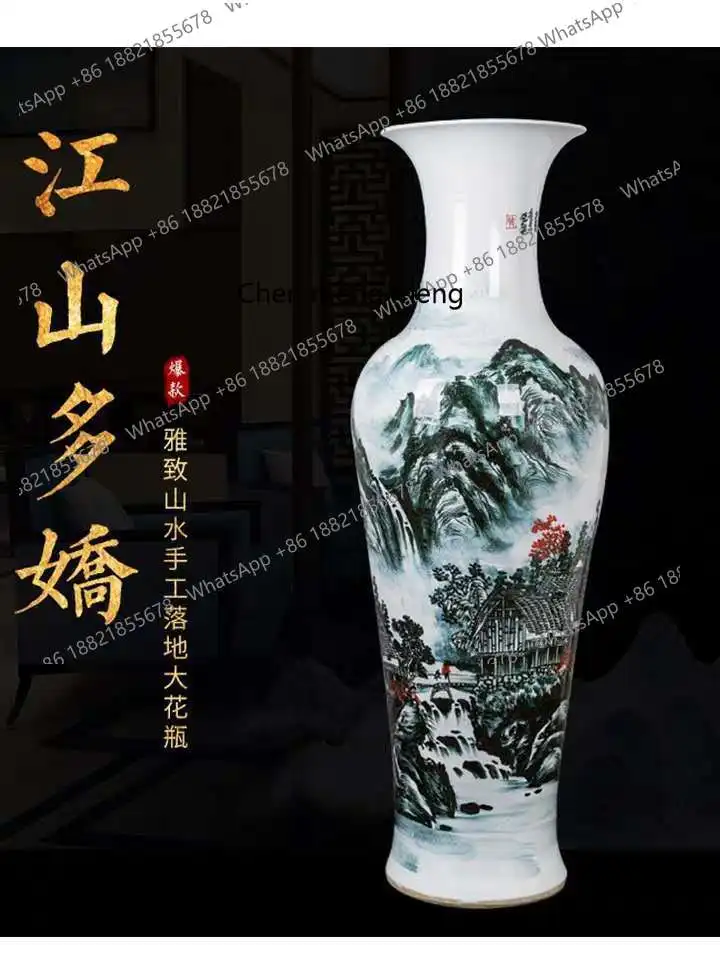 Jingdezhen ceramic hand-painted blue and white porcelain river 1.4 landscape landing large vase home furnishing hotel ornament