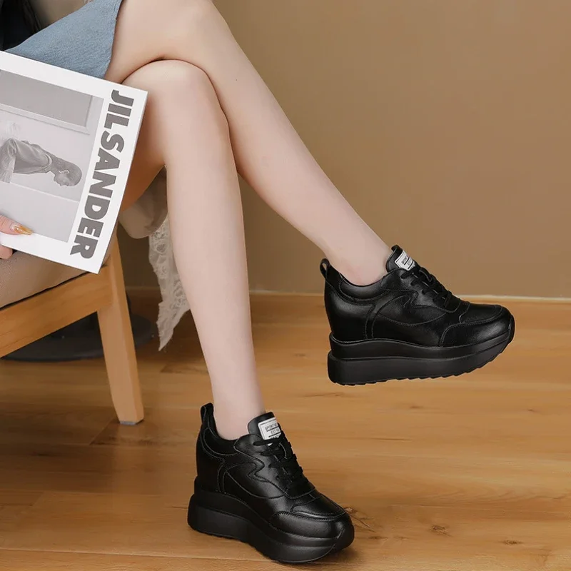 Wedge Heels Women Sneakers Leather Walking Shoes Internal Height Increase 10cm Female Casual Shoes Autumn New Women Shoes Plush