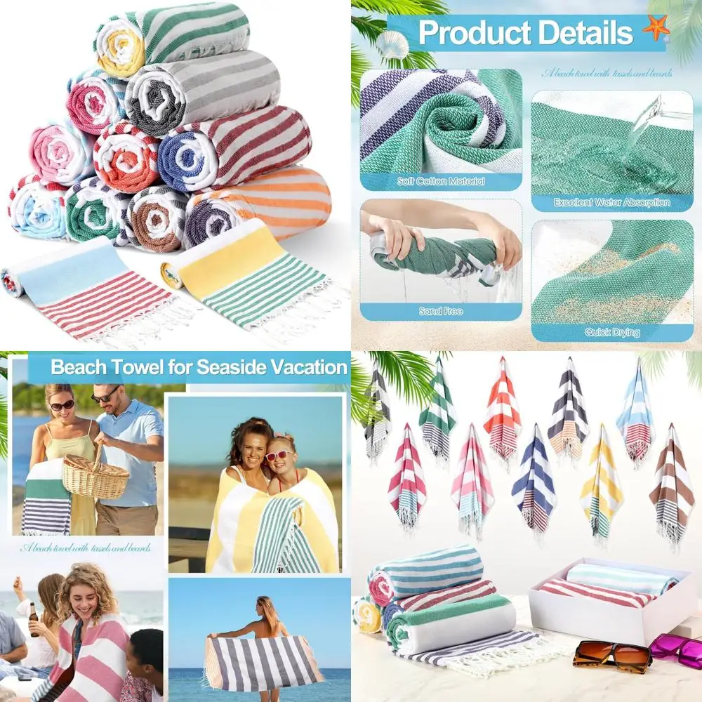 

Bulk Cotton Beach Towels Set of 10, Quick Dry, Lightweight, Sand-Free, 71x40, Striped Pool Towels with Tassels for Summer Vacati