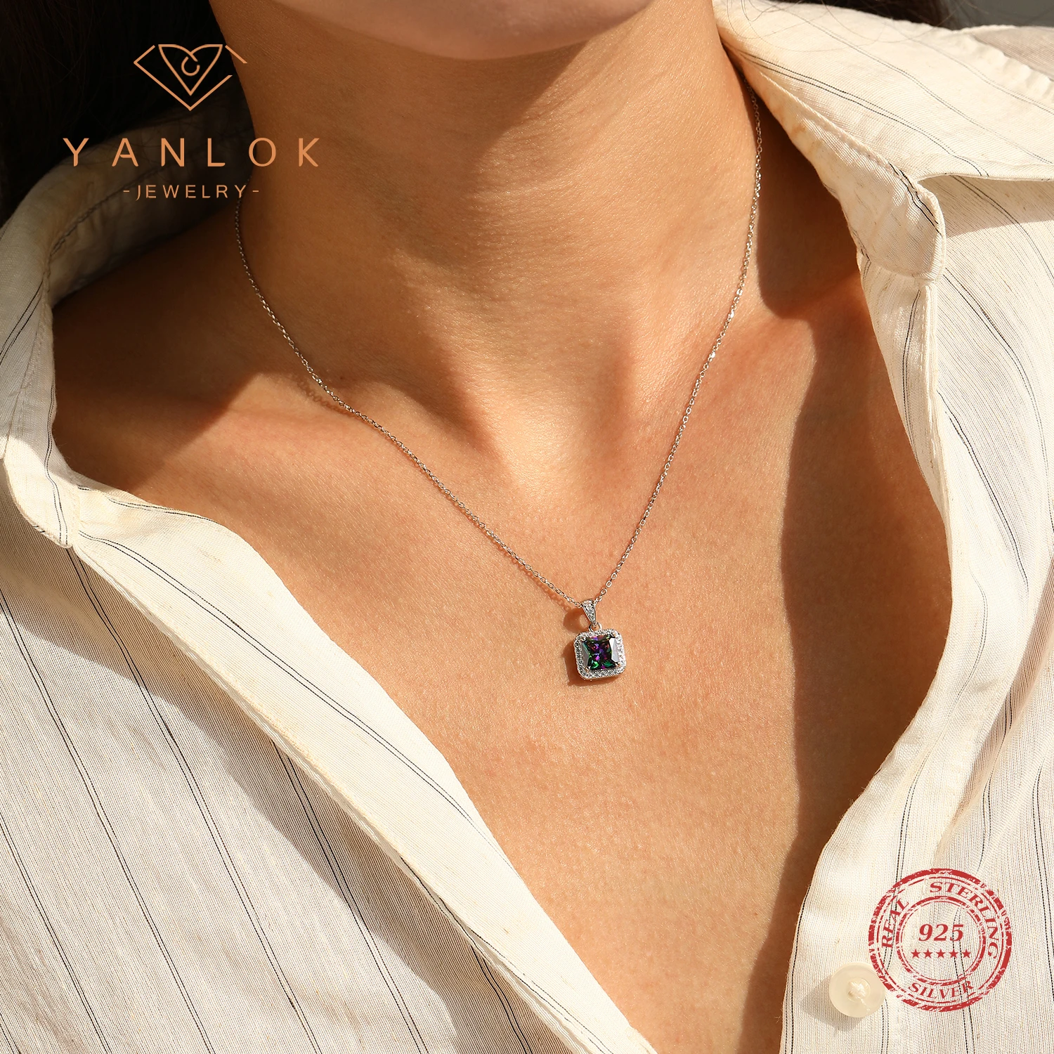 YANLOK 925 Sterling Silver Sparkling Rainbow Color Zircon Square Pendant Necklace For Women Office Fine Jewelry
