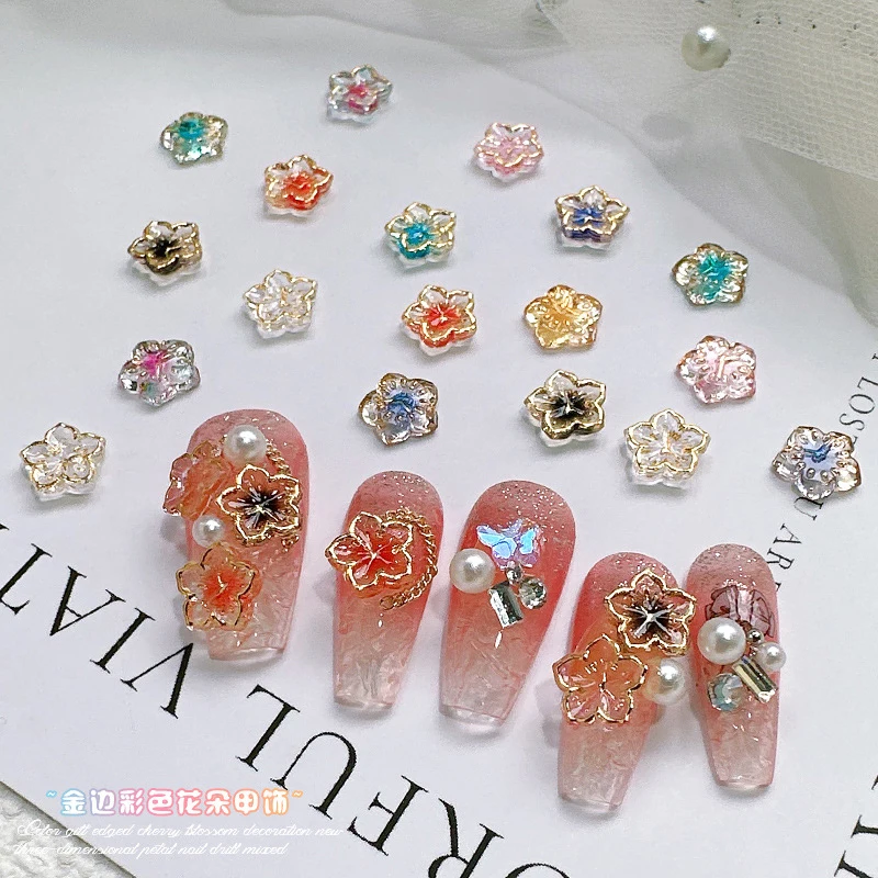 40pcs Resin Floral Nail Decoration Gold Edge Lucky Clock Colorful Flower Trend Nail 3D For DIY Manicure accessory