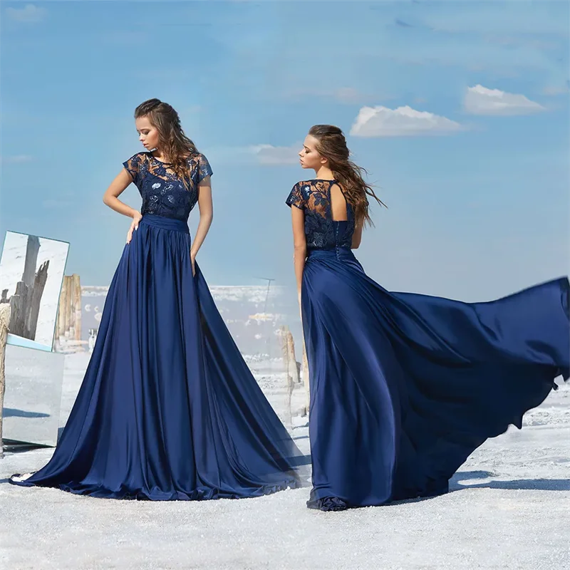 

Elegant Evening Dresses Jewel Capped Sleeves Lace Appliques Sweep Train A Line Prom Gowns Custom Made