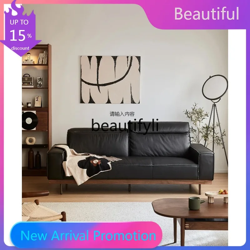 

KK80 Leather sofa small apartment living room straight row first layer cowhide sofa black light luxury simple leather sofa6239