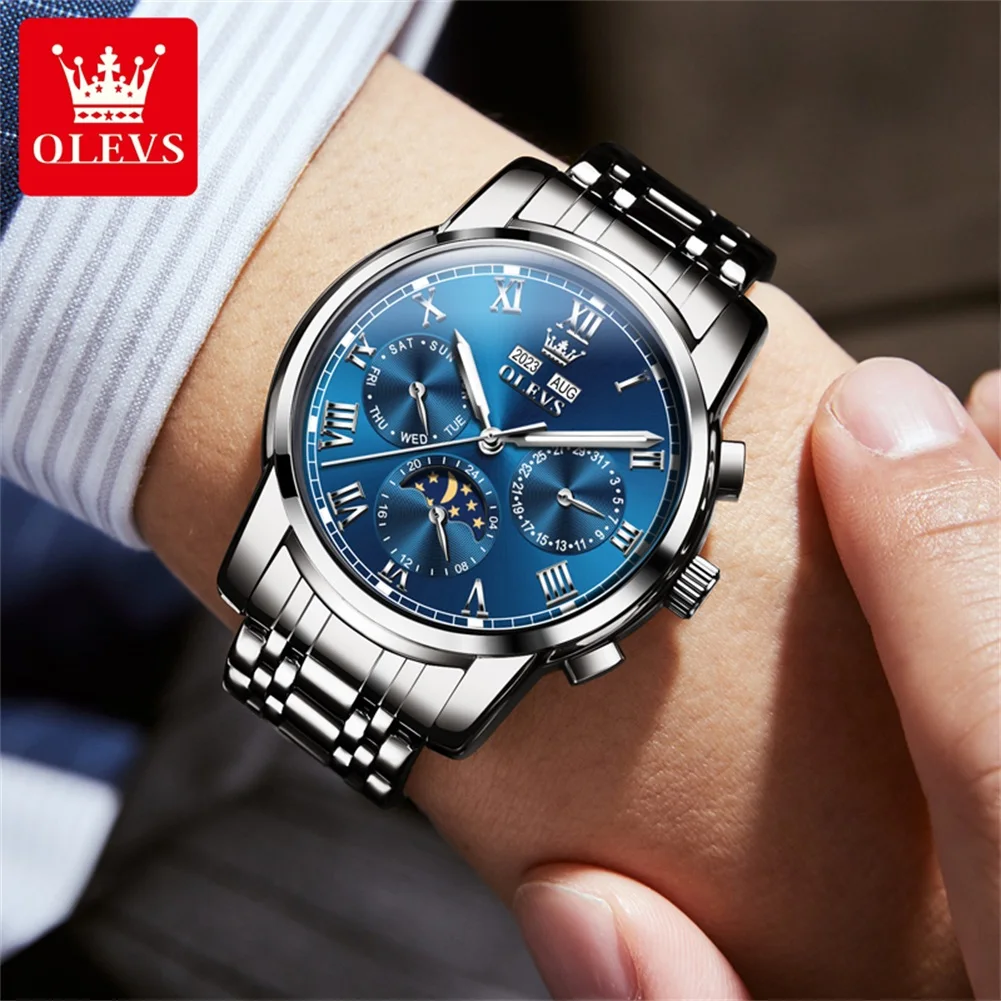 OLEVS-Reloj de pulsera de acero inoxidable para hombre, cronógrafo mecánico totalmente automático, fase lunar, luminoso, Original, marca de lujo