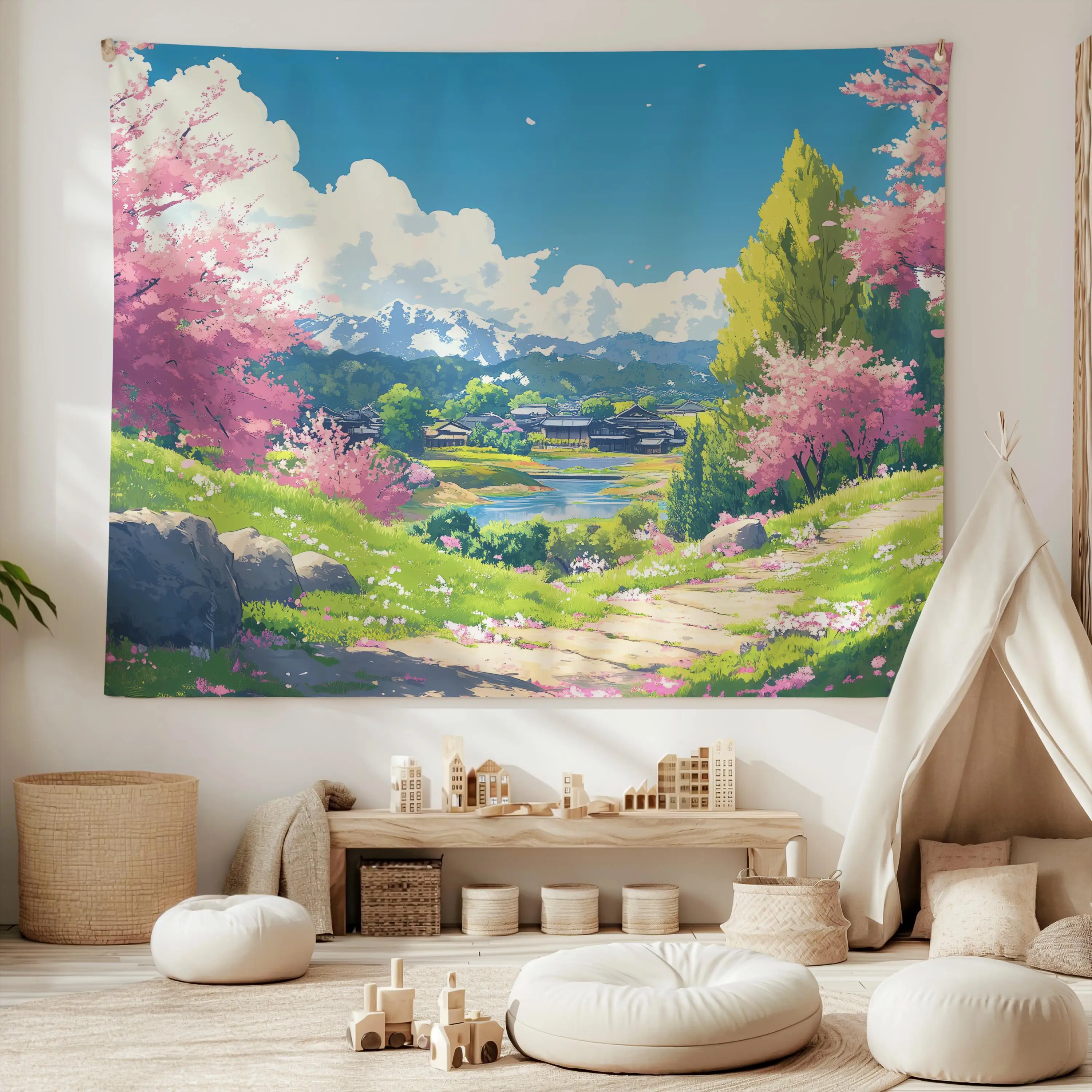 VIKAMA Healing Anime Sakura Village Tapestry Fresh Japanese Background Cloth Living Room Decoration Room Decoration