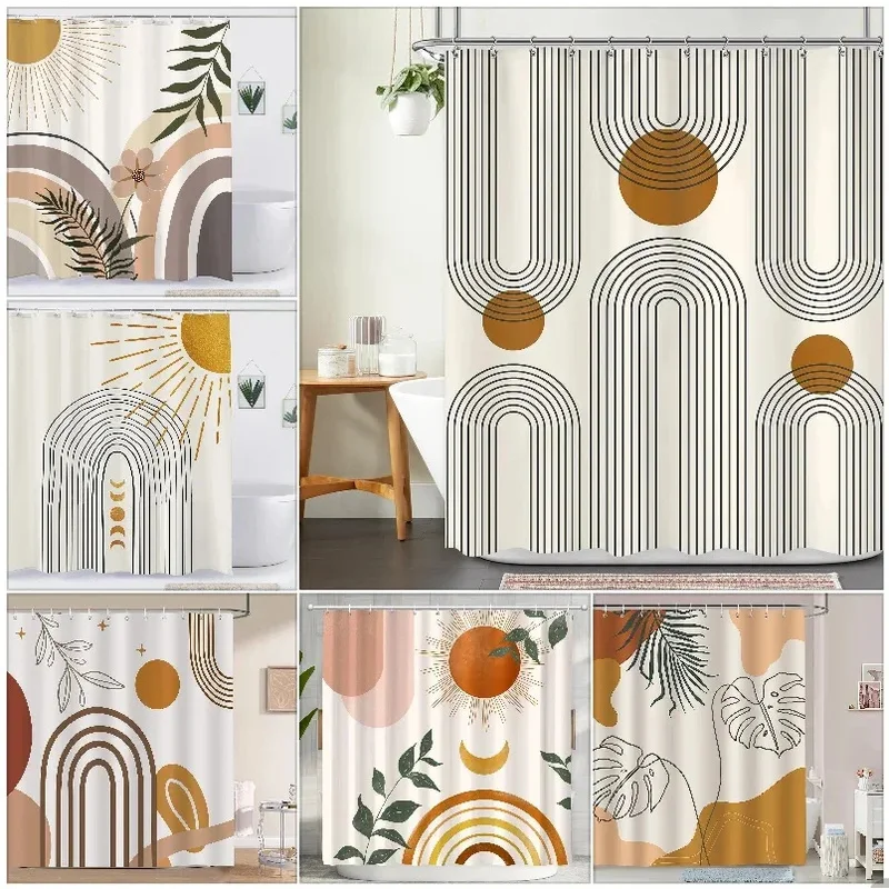 Abstract Bohemian Shower Curtain Mid Century Arches Sun Leaves Modern Simple Aesthetic Lines Geometric Decorative Shower Curtain