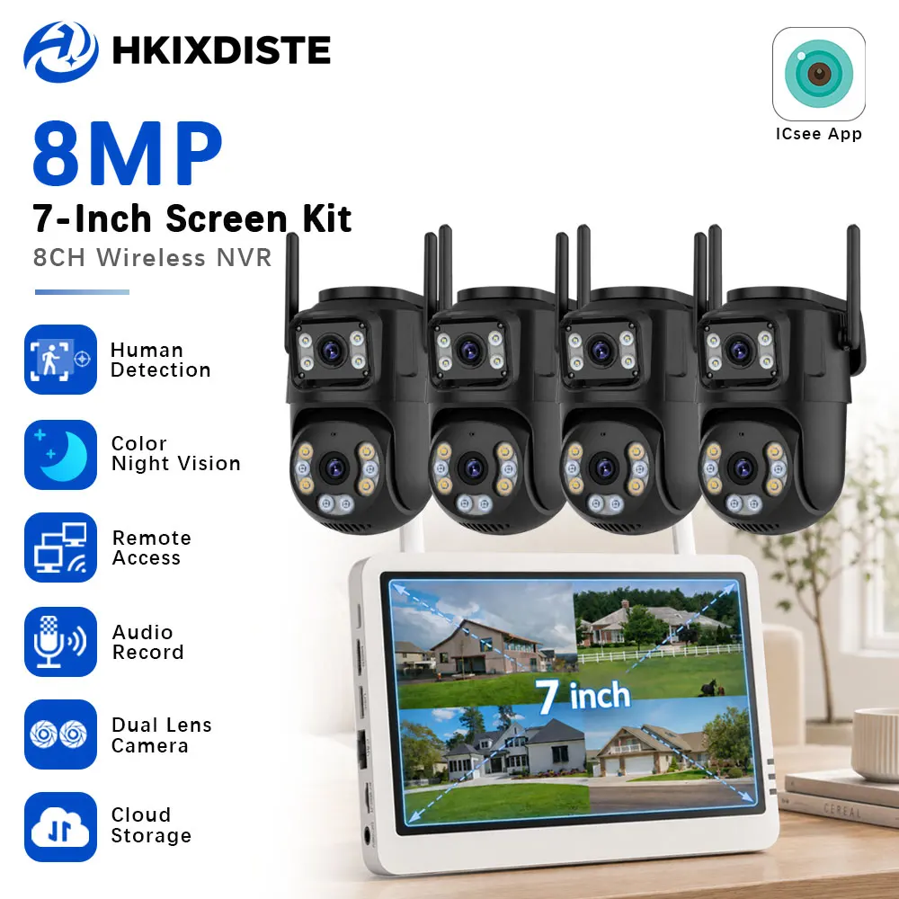 4K 8MP WiFi Security IP Camera System Two-Way Audio Home Surveillance Cameras Kit Indoor Outdoor 5MP 8CH 7 Inch CCTV ICsee NVR