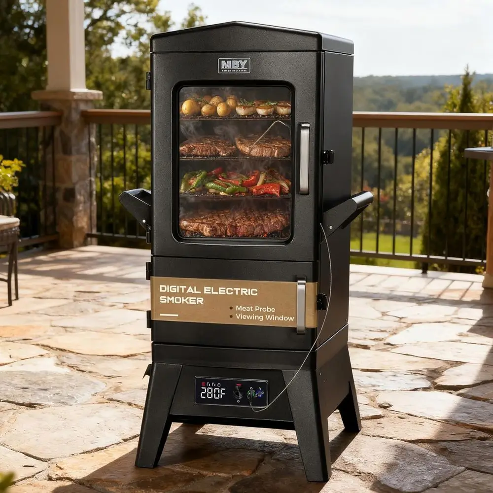 

Large Capacity Electric Smoker with 4 Grates, Built-in Meat Probe, Elevated Stand, 633 sq in Cooking Area, LED Temp Control