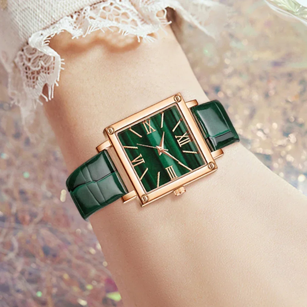 Conjunto de reloj verde para mujer, tendencia de moda, reloj de cuarzo con esfera rectangular simple, regalo perfecto