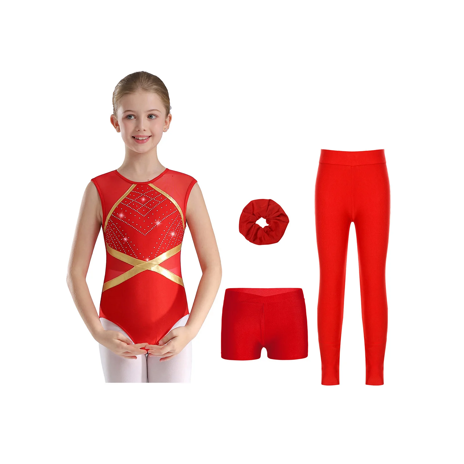Set da ballo per pattinaggio di figura per bambina, body patchwork senza maniche con strass scintillanti con pantaloncini a V, leggings e copricapo
