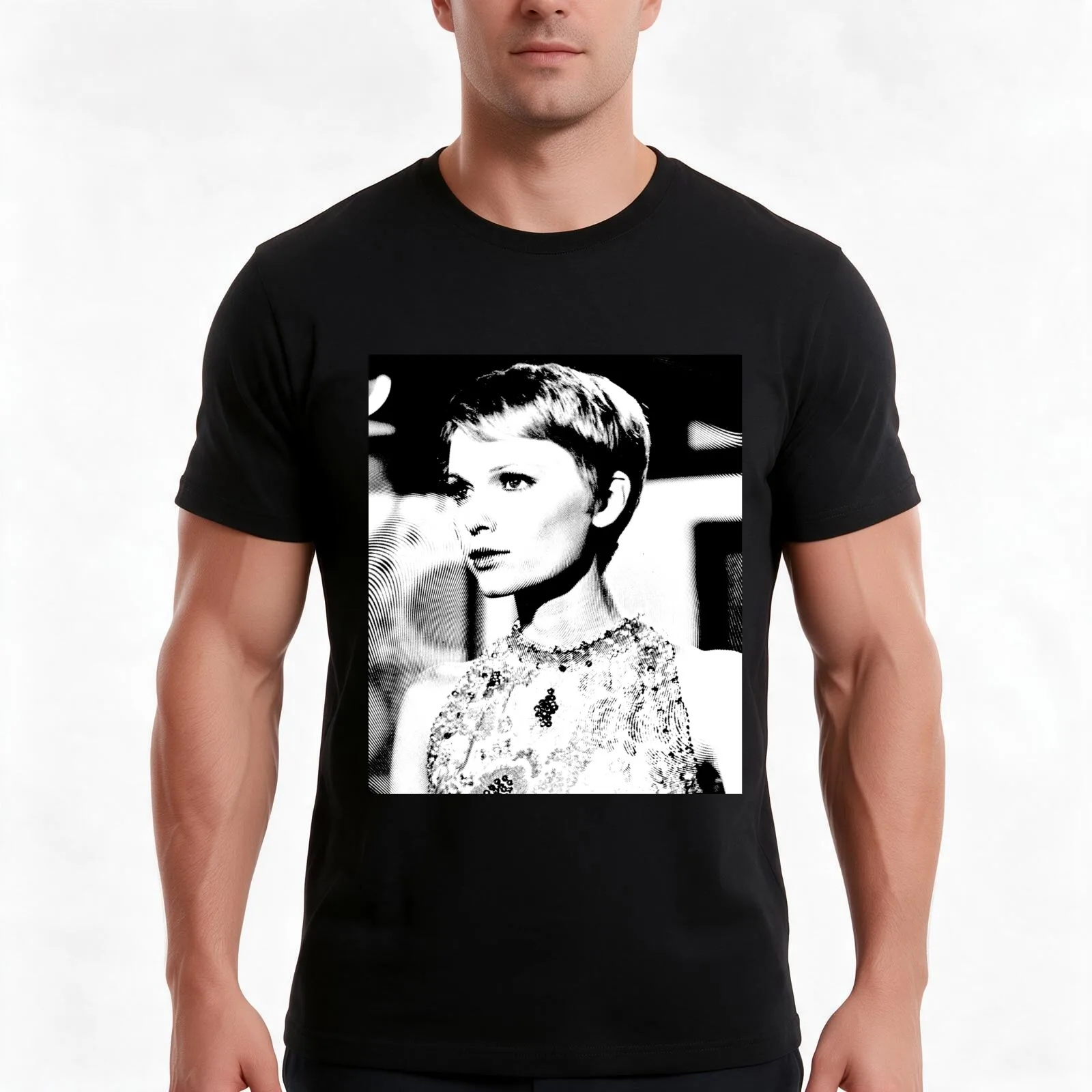 Mia Farrow Linocut In Black & White T-Shirt Summer Casual Cotton Tee Oversized Streetwear Tops Vintage Graphic Print