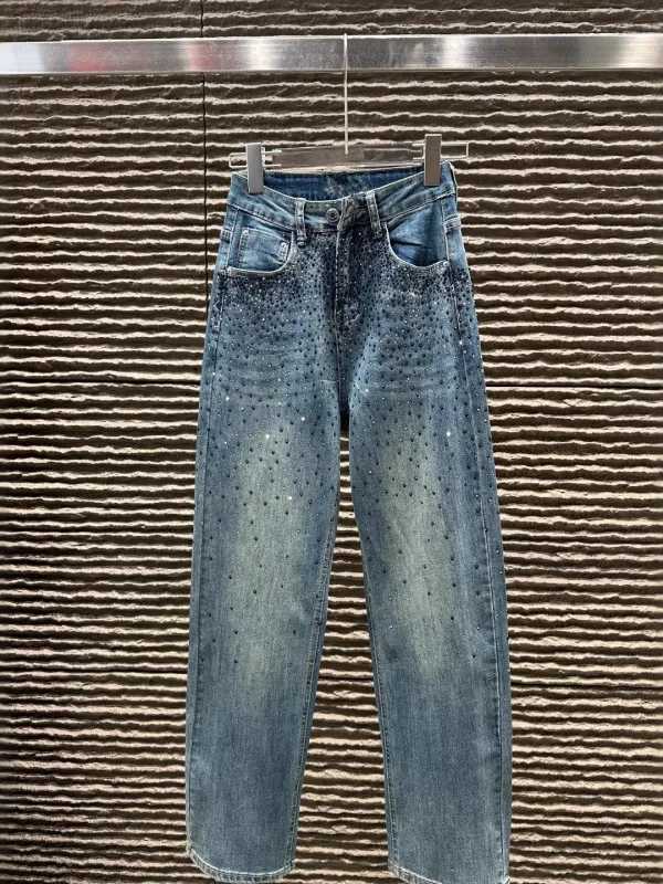Washed Blue Jeans Women's Straight Leg High Waist Pearl Embellished Vintage Style Spring Commute Fashion Casual Long Trousers