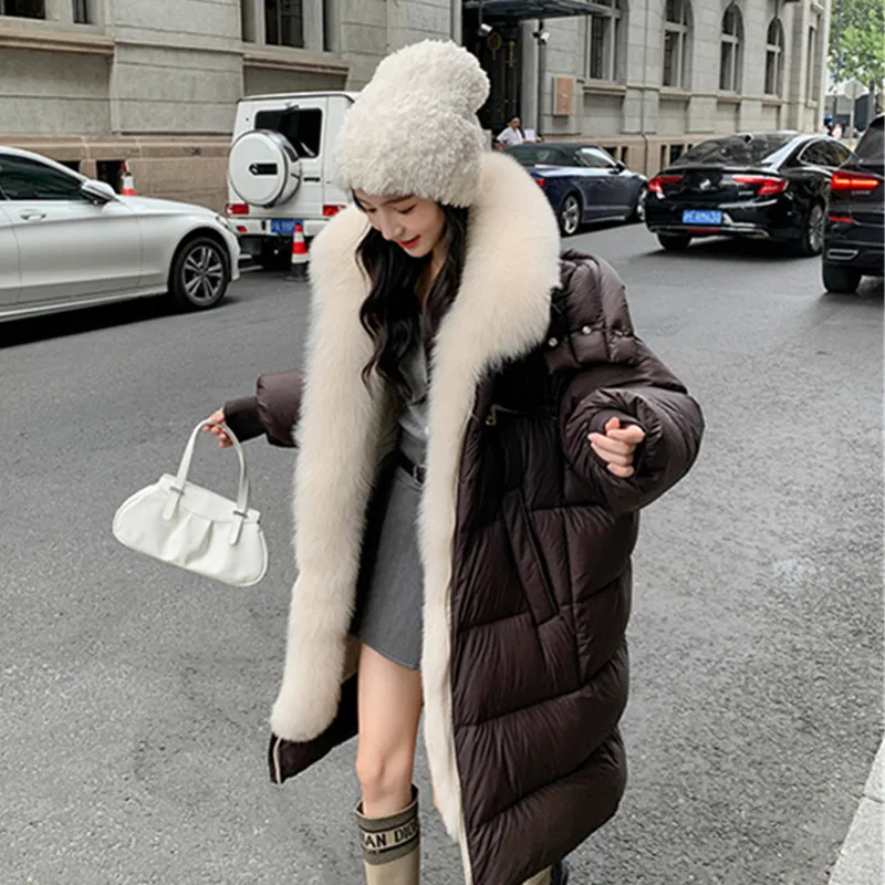 2025 ใหม่ฤดูหนาวยาวHooded Goose Down Down Jacketสําหรับผู้หญิงที่ถอดออกได้Fox Fur Collar Thicken Fur CoatsหญิงParker