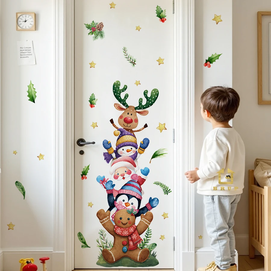 Christmas Character Stack Wall Sticker For Home Kids Rooms Entryways Holiday Party Venues Removable Vinyl Cute Festive Design