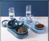 Triple Cat Bowls Pet Feeder, 2-in-1 Double Bowls with Automatic Drinking Bottle, Tilted and Rotatable Design for Cats and Dogs