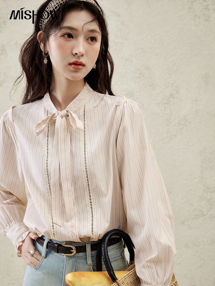 MISHOW Mode Opstaande Kraag Gebonden Gestreept Shirt Dames Lente Zomer Nieuw Ontwerp Gevoel Niche Shirt Casual Tops Meisje MXE11X1709