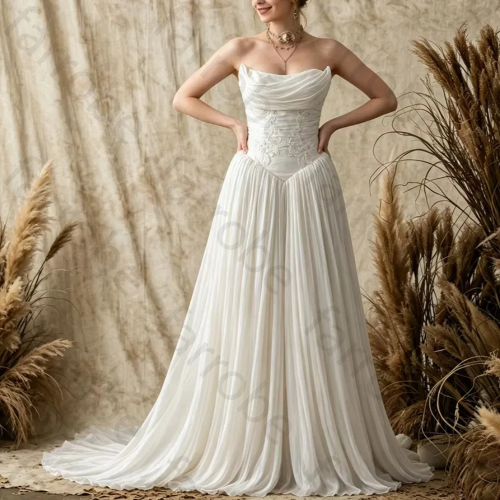 Customized Strapless A Line Floor Length Chiffon Wedding Dress Sleeveless Draped Bodice Lace Applique Bridal Gowns Boho Elegant