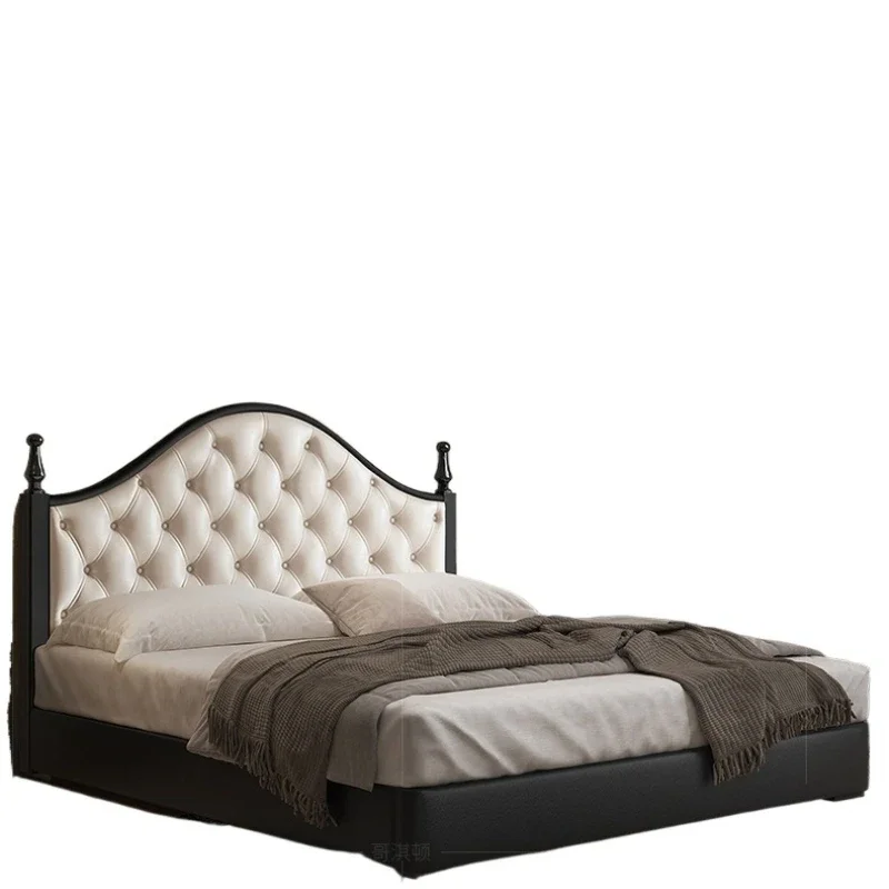 

French retro leather bed solid wood light luxury master bedroom big bed