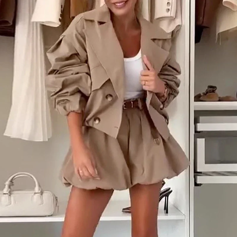 Vintage High Street Loose Women's Two Piece Casual Autumn Long Sleeved Jacket And Shorts Suit Fashion Outdoor Cargo Solid Outfit
