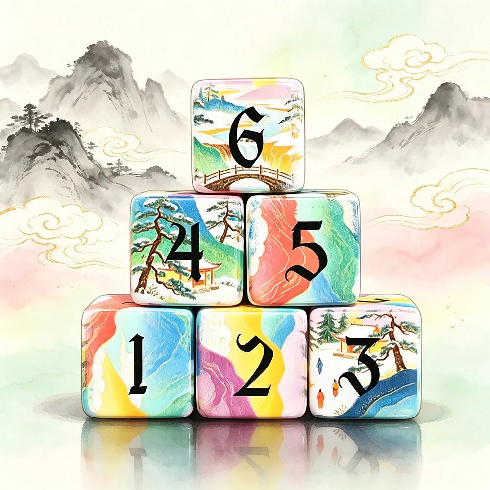 12Pcs Chinese Landscape Painting D6 Dice,16MM Square Acrylic 6-Sided Number Dice Tabletop Game Dice For DND RPG Gaming Dice